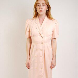 80s Peach Dress (S) vintage button up pastel work pleated midi small pink